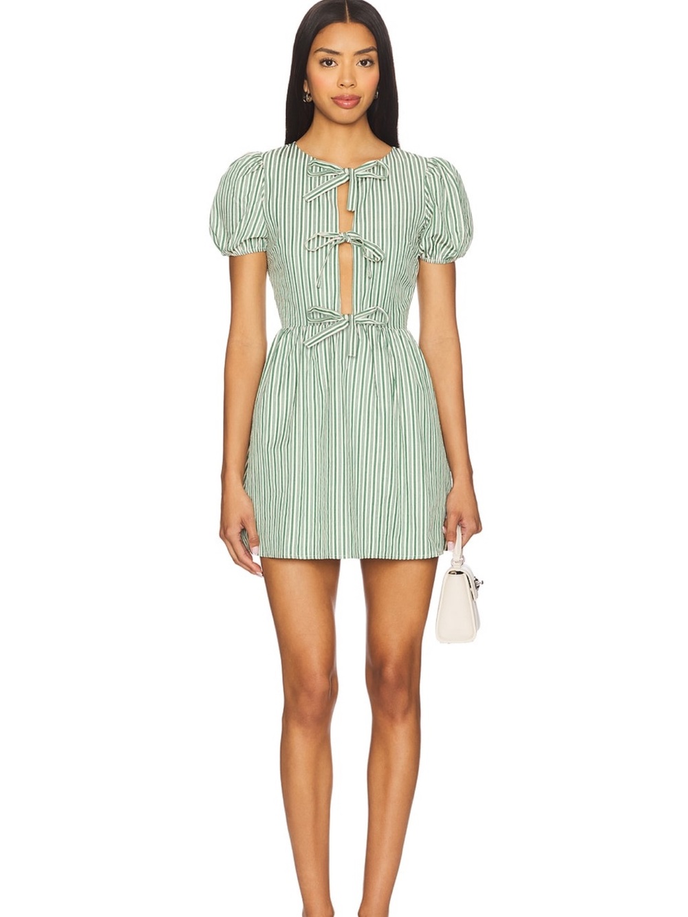 Striped Sage Green Tie-Front Puff Sleeve Mini Dress